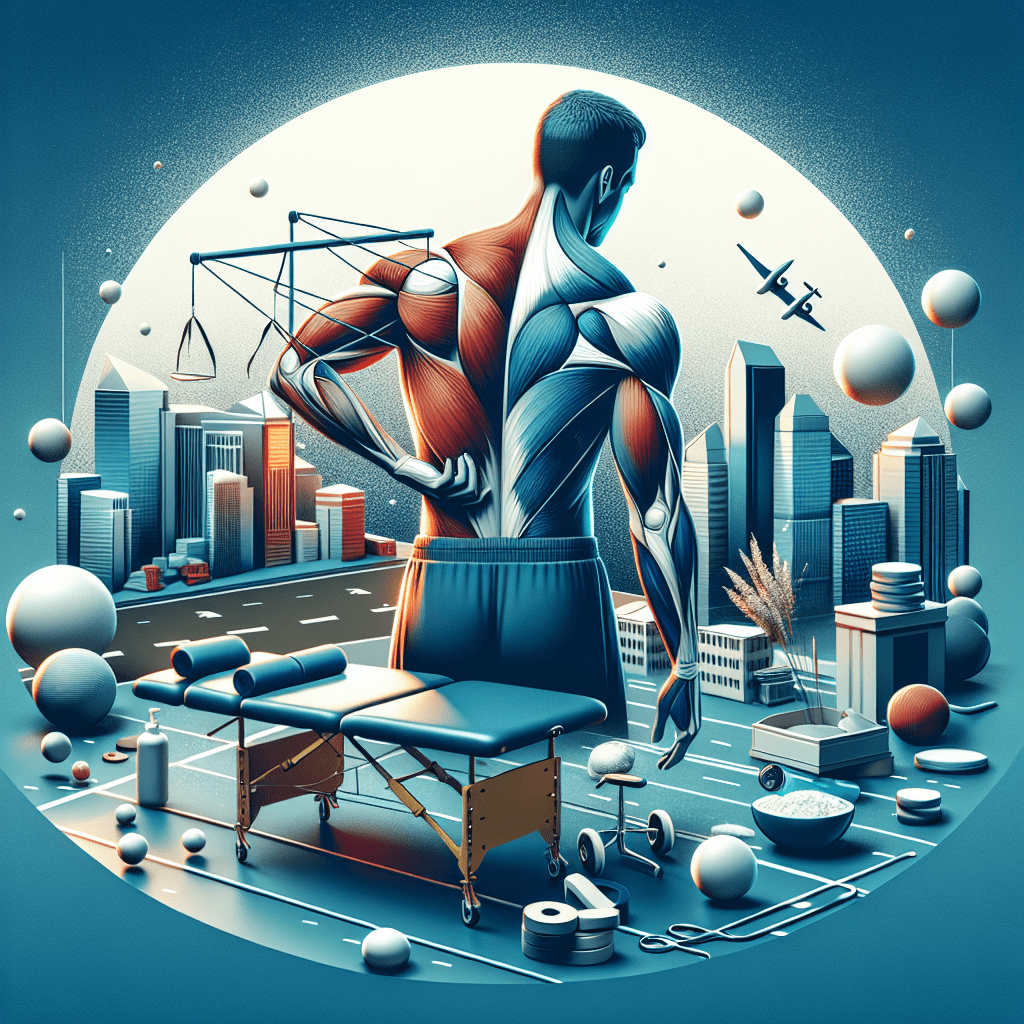 Illustration of a muscular figure with a shoulder injury, standing in a cityscape, surrounded by physical therapy equipment like a treatment table, weights, and rehabilitation tools, symbolizing recovery and strength in shoulder rehabilitation at Arlington Physical Therapy.