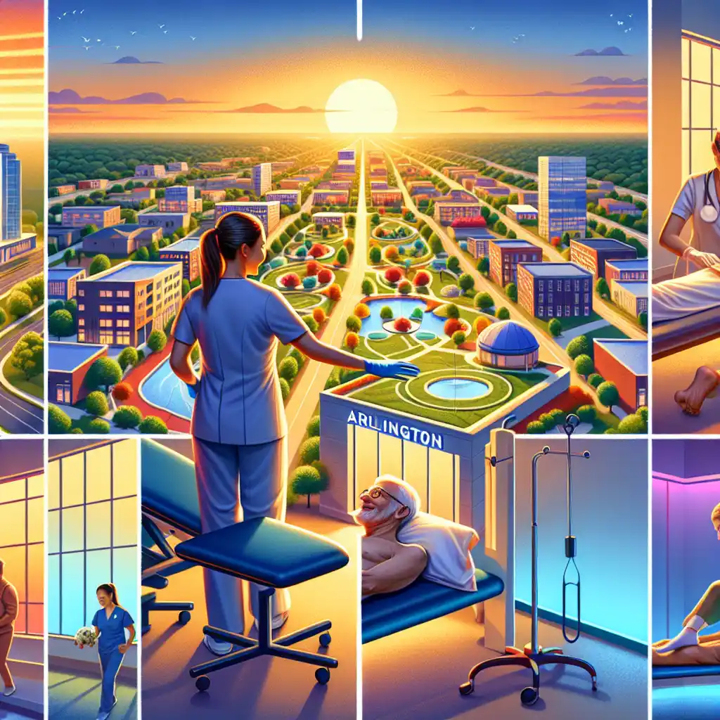 Healthcare professional overlooking Arlington skyline at sunset, symbolizing recovery and rehabilitation; physical therapy settings with patients and therapists, emphasizing effective care and mobility.